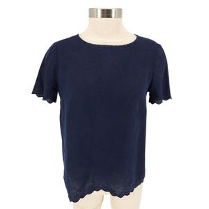 J.CREW Shirt Linen Navy Blue Scalloped Eyelet Tulip Back Short Sleeve Top 0